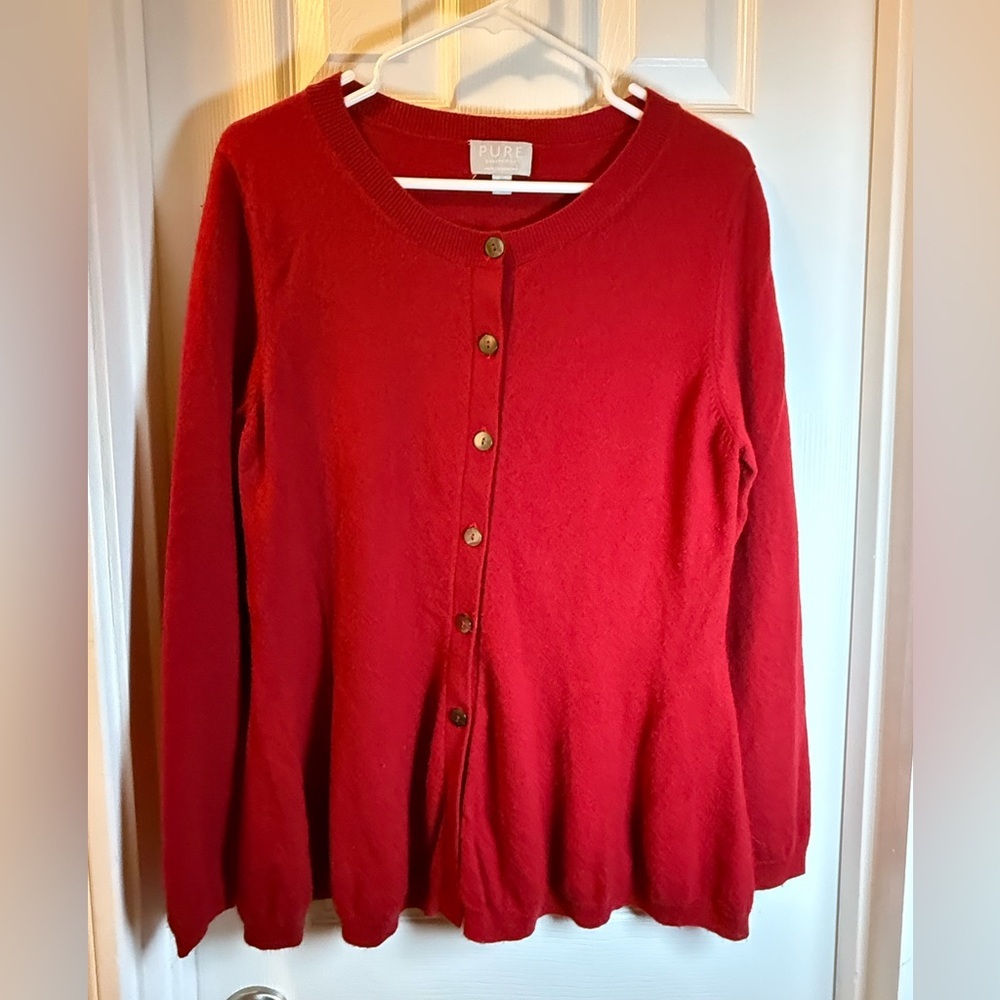 Old Money Cashmere Pure Collection Red Cardigan Sweater with Peplum Hem Luxury